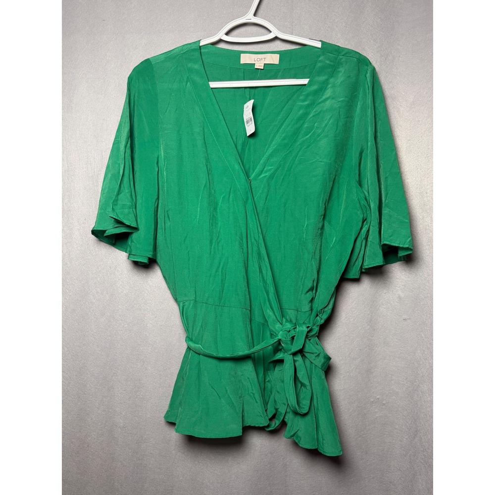 Loft Green Wrap Top V-Neck Flutter Sleeve Tie Waist Blouse 497367 Womens L